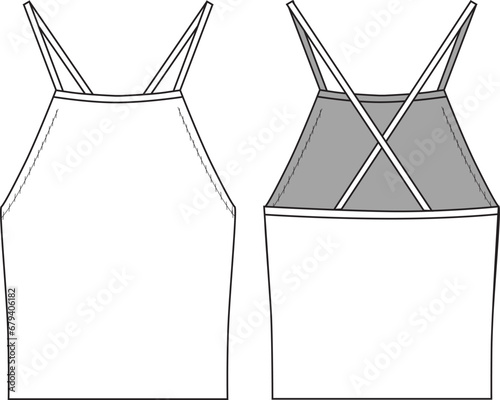 Women's Halter Knit Top With Thin Straps- Technical fashion illustration. Front and back, white colour. Women's CAD mock-up.