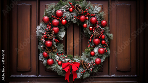 A beautiful ornate Christmas wreath hangs on the brown front door. Elegant Christmas wreath on a wooden door on a snowy day © Tetiana