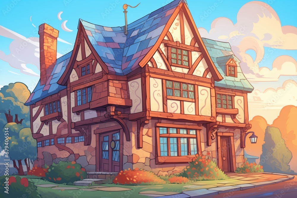 sunset colors painting a tudor house and brick base, magazine style illustration
