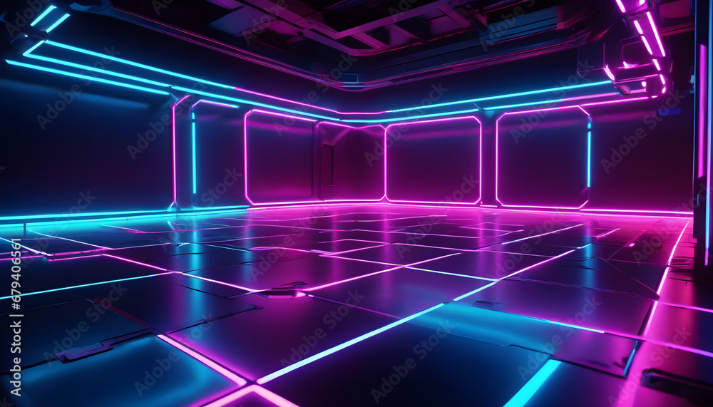 Futuristic 3D image of a corridor in neon light Futuristic 3D image of a corridor in neon light
