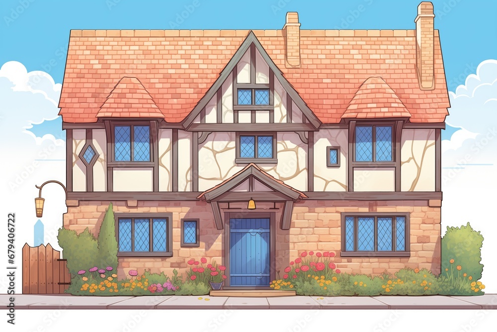 image of front gable of a rustic tudor house, magazine style illustration image of front gable of a rustic tudor house, magazine style illustration