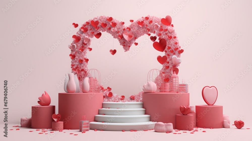 Podium Background Pink 3d Product Love Display Platform Red Heart Stand