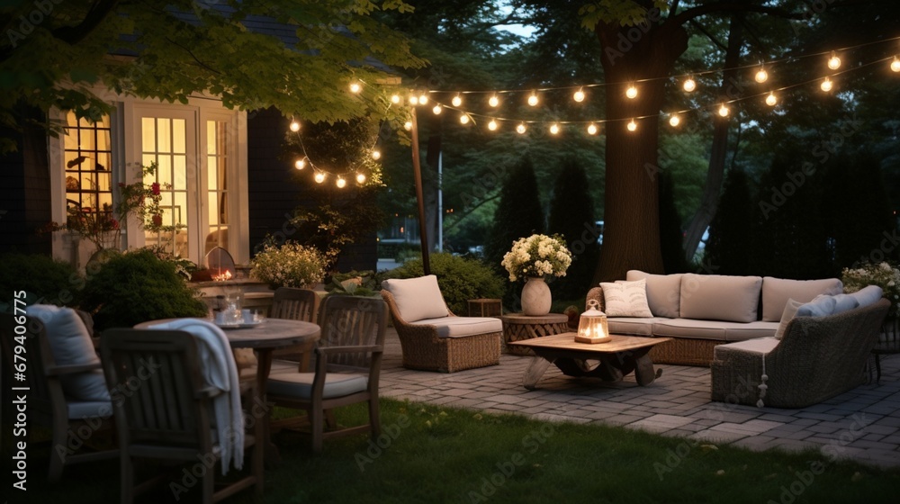 An outdoor evening party with glowing fairy lights and cozy seating.