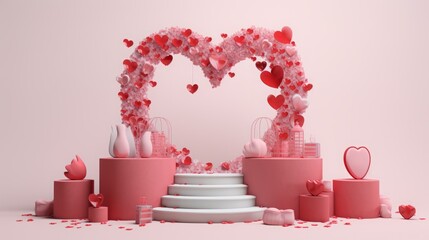Podium background pink 3d product love display platform red heart stand studio stage day. Background pink backdrop podium shape minimal scene room abstract pedestal gift light sale pastel romantic day