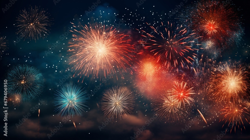 Festive, sparkling fireworks lighting up the night sky at a celebration.