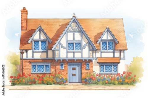 a front gable on a tudor-style village house basked in morning light, magazine style illustration photo