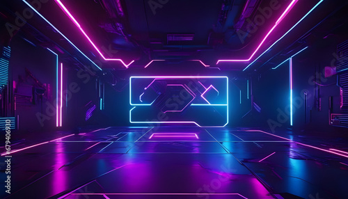 Futuristic 3D image of a corridor in neon light