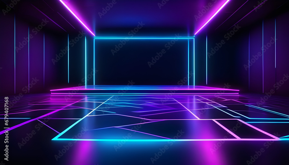 Futuristic 3D image of a corridor in neon light Futuristic 3D image of a corridor in neon light
