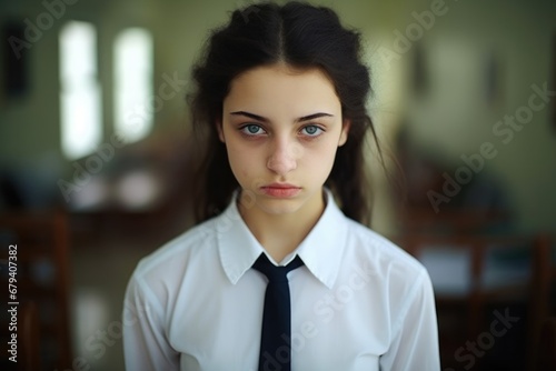 Sad teenage schoolgirl wearing a school. uniform with beautiful eyes looking at the camera photo