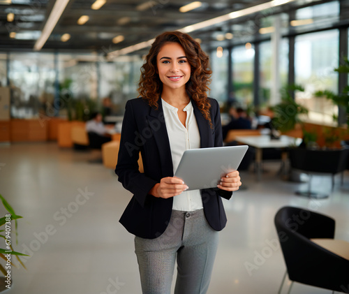 mujer exitosa latina sonriendo y sosteniendo una tableta digital en una oficina 