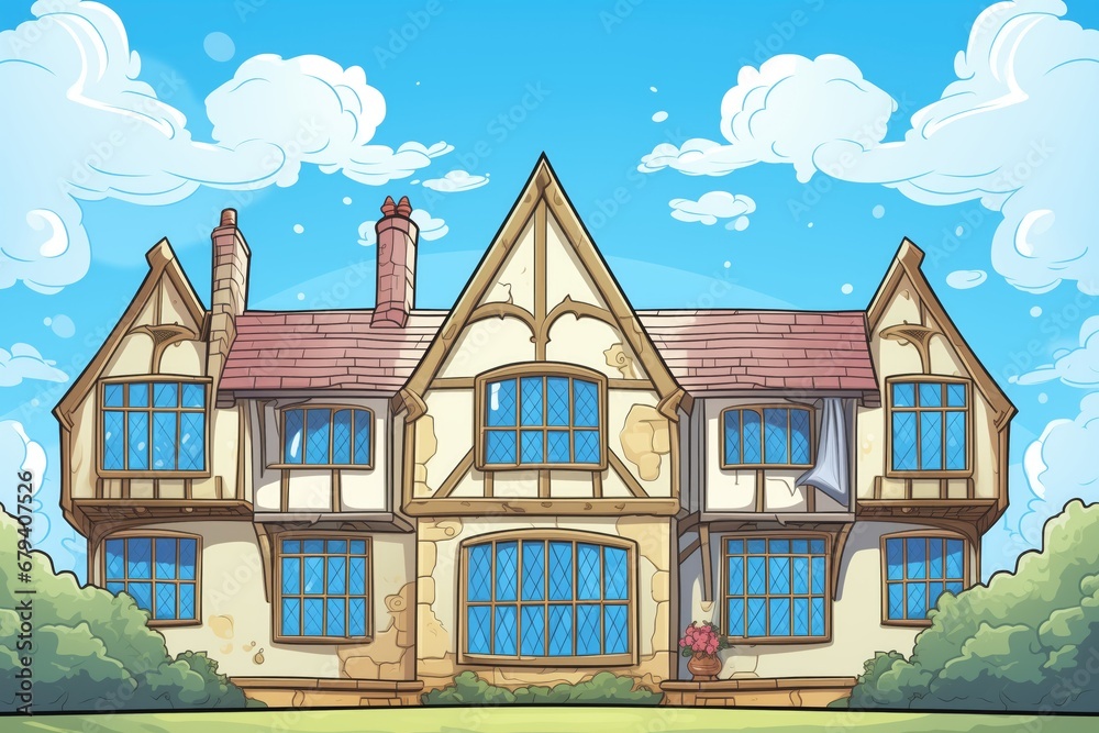 blue skies reflecting off the windows of a tudor mansion, magazine style illustration blue skies reflecting off the windows of a tudor mansion, magazine style illustration
