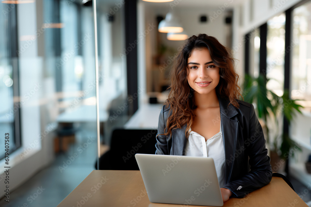 mujer joven trabajando en una oficina con una computadora mujer joven trabajando en una oficina con una computadora