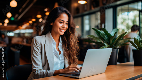 mujer latina sonriendo usando una laptop 