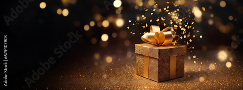 Golden box with confetti on dark background. Copy space