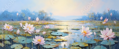 pink lotus pond, lotus flower blossoming art illustration, summer and tropical background wallpaper,  Ai Generated photo