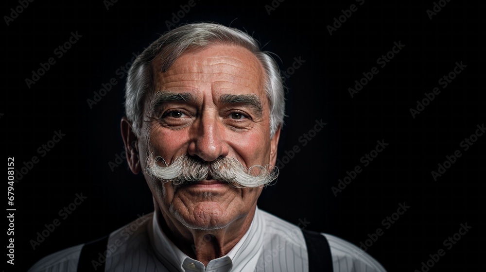 Obraz premium Portrait of an elderly man with a styled mustache against a dark background