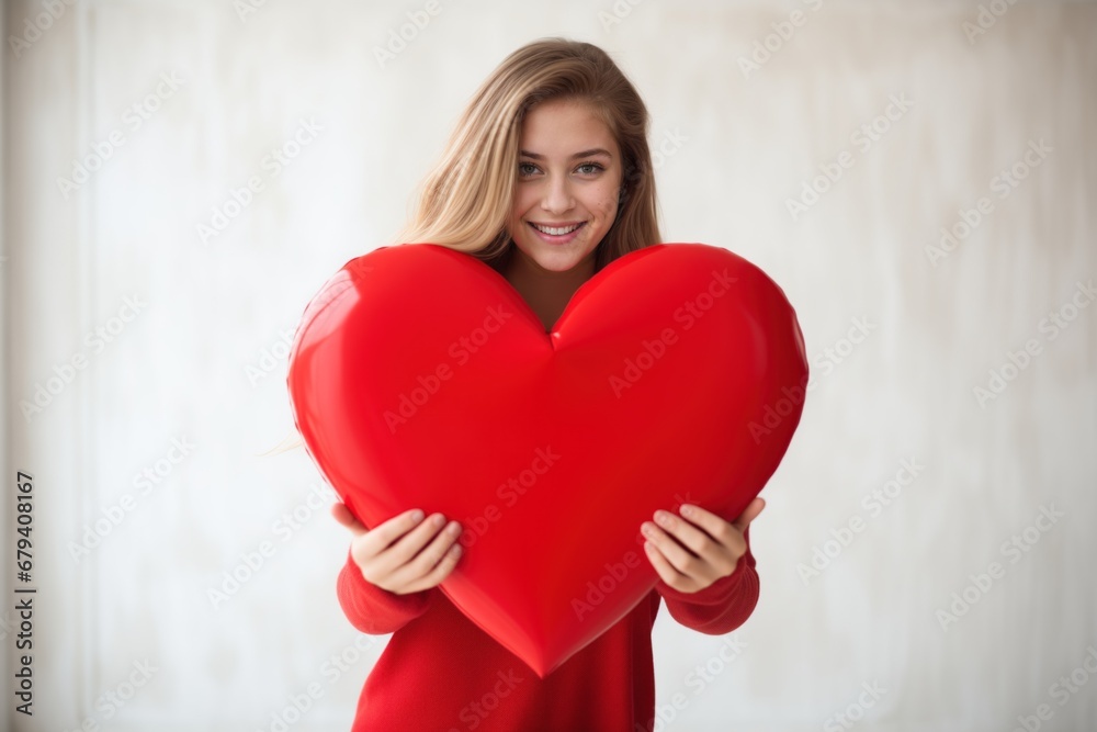 Happy young woman holding a large red heart symbol Happy young woman holding a large red heart symbol