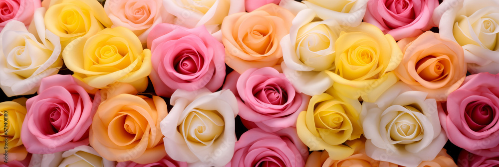 Panoramic close-up of assorted roses in pastel colors for Valentine's day Panoramic close-up of assorted roses in pastel colors for Valentine's day