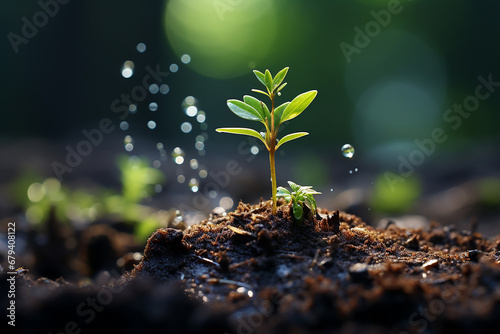 Small plant sprout fresh earth macro photography. AI