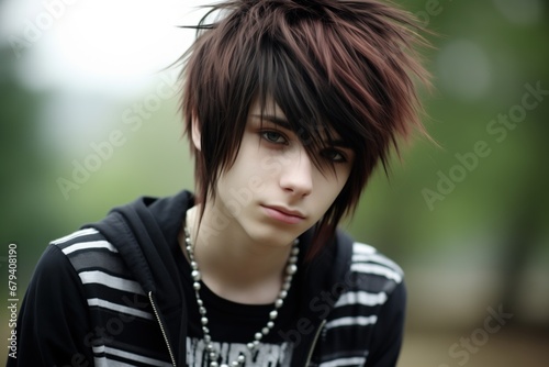 Teenage boy with an emo hairstyle in a park photo