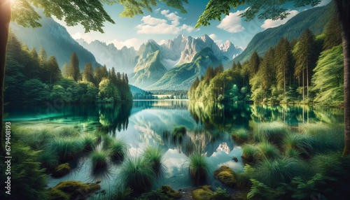 serene  natural landscape featuring a crystal clear lake surrounded by lush green forests and majestic mountains in the back  Beautiful Nature Oasis  landscape with mountains and lake  generative ai 