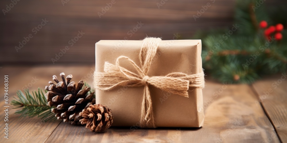 rustic Christmas gift wrapped in recycled paper with a burlap ribbon and a pinecone decoration rustic Christmas gift wrapped in recycled paper with a burlap ribbon and a pinecone decoration