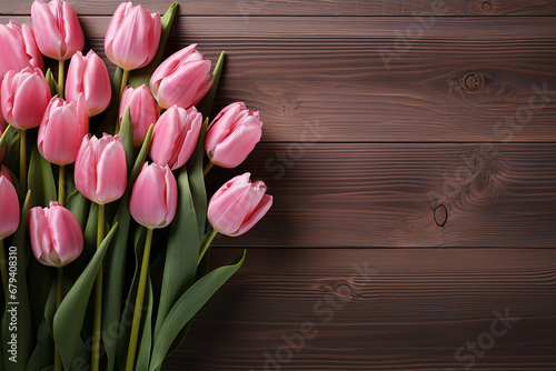 Pink tulips on wooden background  copy space. AI