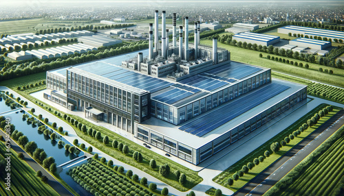  Green Future in Industry, aerial view of a high-tech commercial, industrial factory building featuring solar panels on its roof. Sustainability, generative ai
