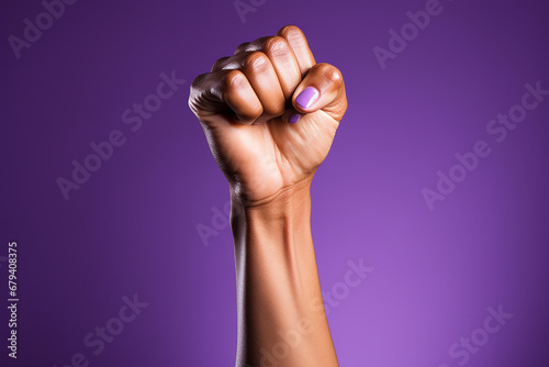 Woman's Fist on purple backgroundA symbol of the feminist movement, struggle and resistance. Clenched fist purple. International Day for the Elimination of Violence against Women. photo