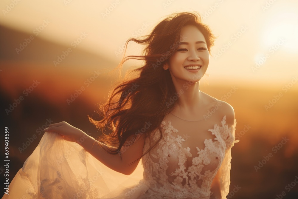 Sunset Serenity: Joyful Laughter of the Asian Bride in the Magic of Love