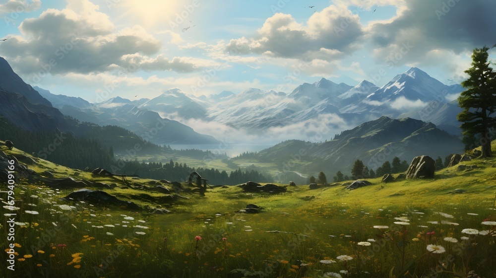 Fototapeta premium Illustration of a landscape with a river and colorful trees.