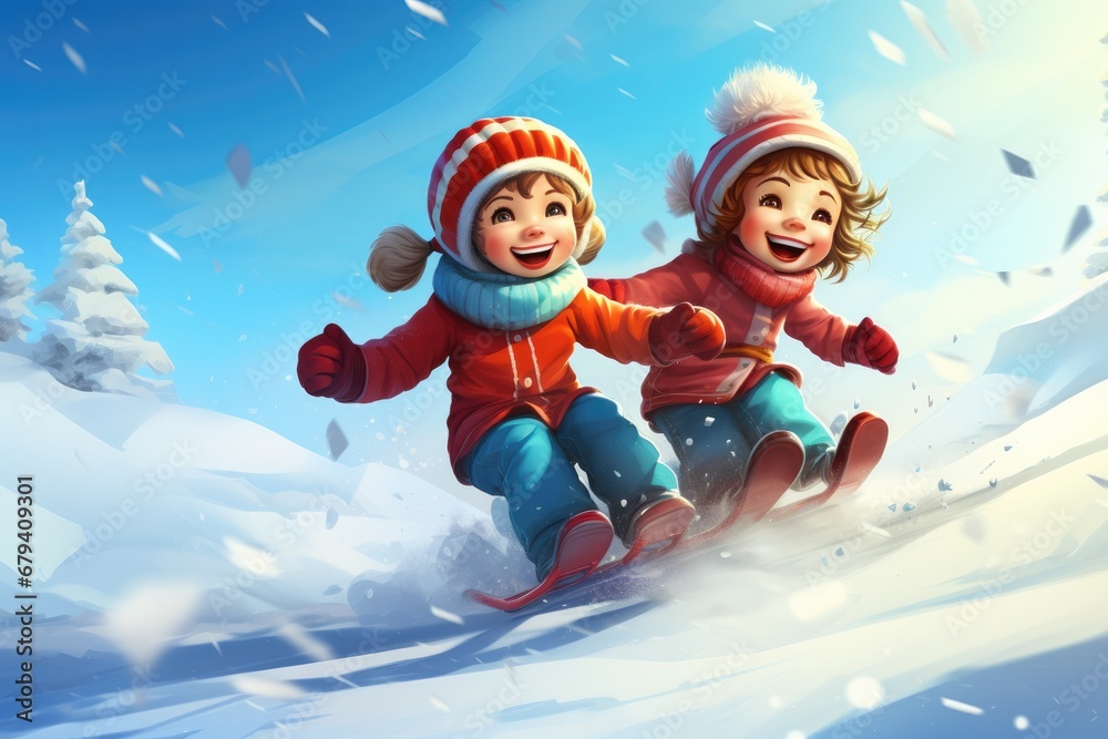 Snowy Laughter: Children Delight in Winter's Magic, Laughing and Playing with Joyful Abandon in the Snow.