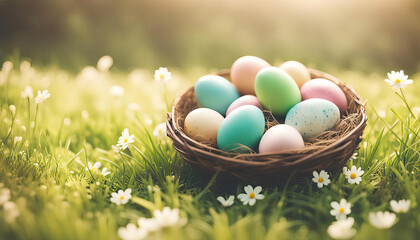 Beautiful easter eggs in grass with copy space