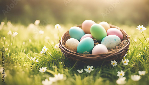Beautiful easter eggs in grass with copy space photo