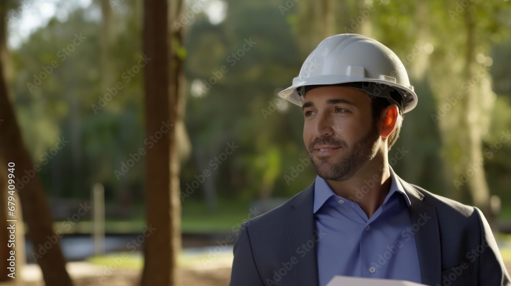 A landscape architect examining nature in the park to plan it. A landscape architect examining nature in the park to plan it.