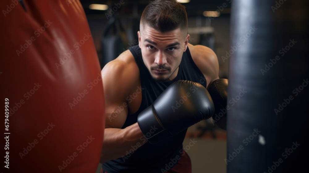 A man wearing boxing gloves in a gym, ready to fight. - obrazy, fototapety, plakaty 