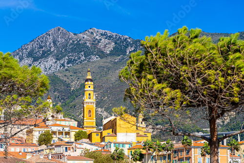 View of Menton, a town on the French Riviera in southeast France known for beaches and the Serre de la Madone garden photo