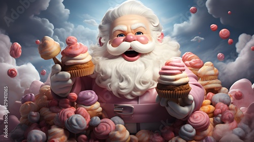 Happy Santa Claus with cupcakes and sweets.
