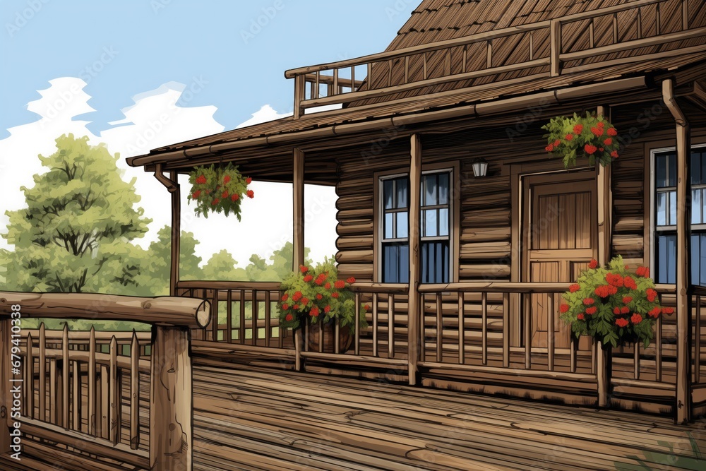 log cabin showing detailed woodwork on balcony rails, magazine style illustration