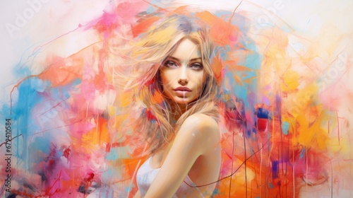 A painting of a woman with vibrant, multicolored hair, showcasing a unique and artistic expression.