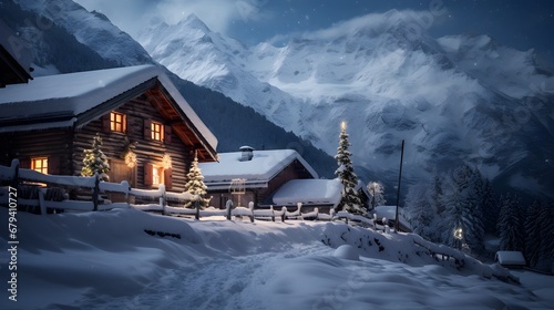 Winter landscape with mountain hut and snowfall. Christmas and New Year background.