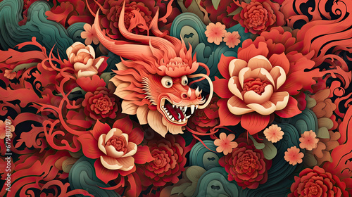 Colorful Asian dragon, tapestry technique