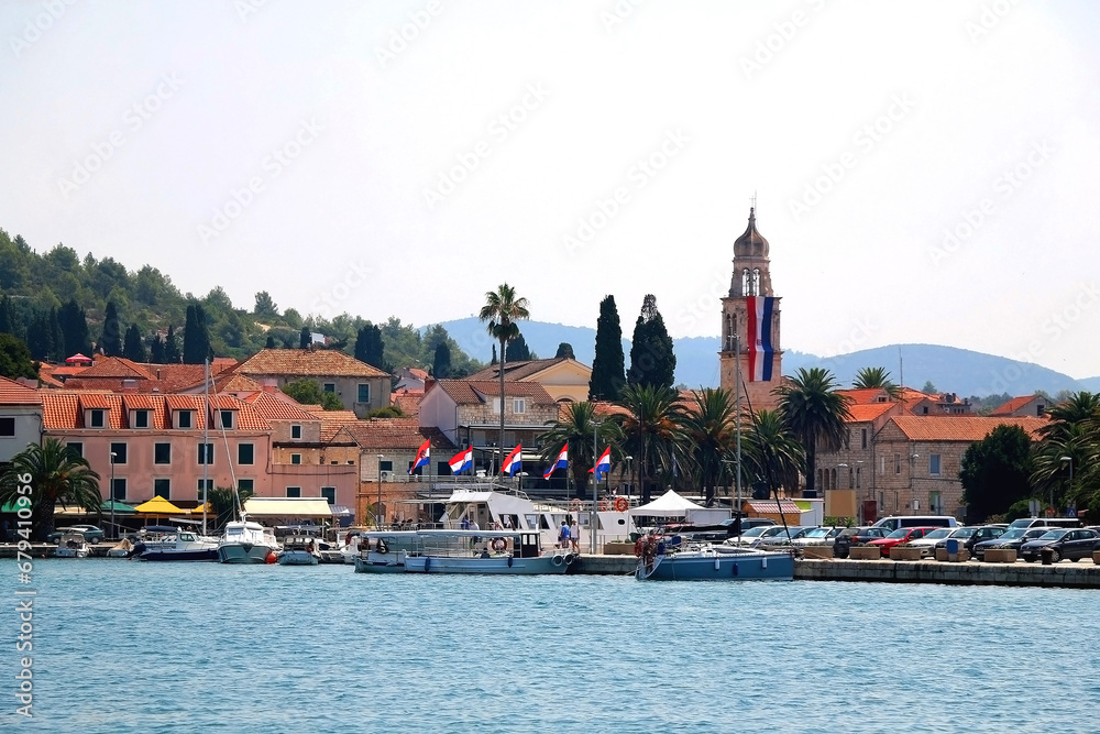 Obraz premium Promenade in Vela Luka, picturesque small town on island Korcula, Croatia.