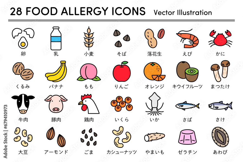食物アレルギーのアイコンのカラーのイラストセット
