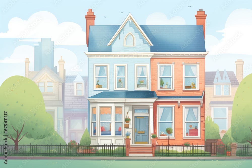 wide view of a victorian home exterior focusing on bay window, magazine style illustration wide view of a victorian home exterior focusing on bay window, magazine style illustration