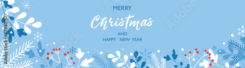 Christmas and New Year banner with winter holidays in blue colors.