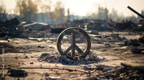 A peace sign on the ground in a war zone