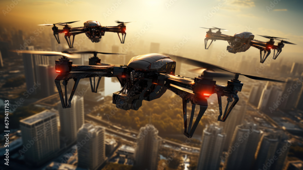 Drones over city, surveillance and control concept Drones over city, surveillance and control concept