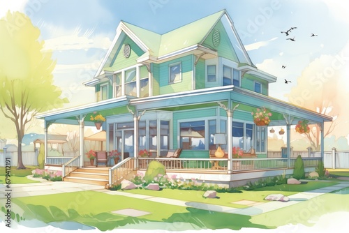 victorian home with wrap-around porch and lush green lawn, magazine style illustration © studioworkstock