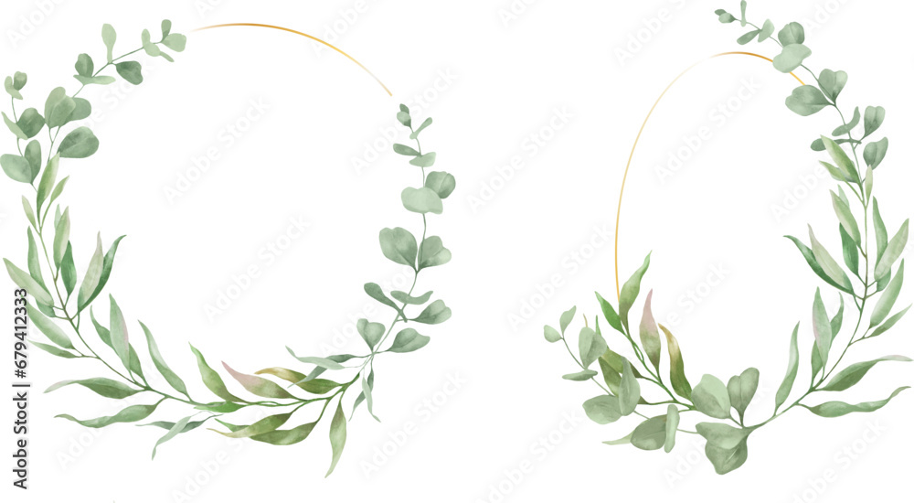 Watercolor set of floral frames with eucalyptus leaves, branches. Hand drawn illustration isolated on white background. Vector EPS.